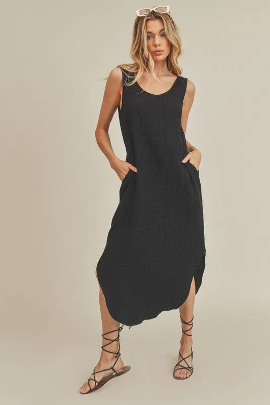 Black Round Neck Midi Tank Dress with Pockets