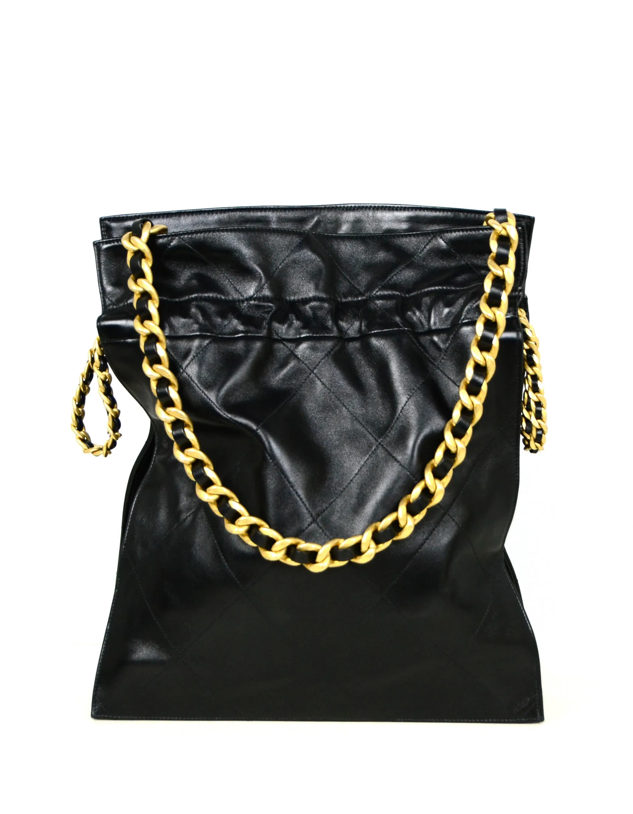 Chanel 2020 Black Shiny Lambskin Leather Chain Drawstring Tote Bag