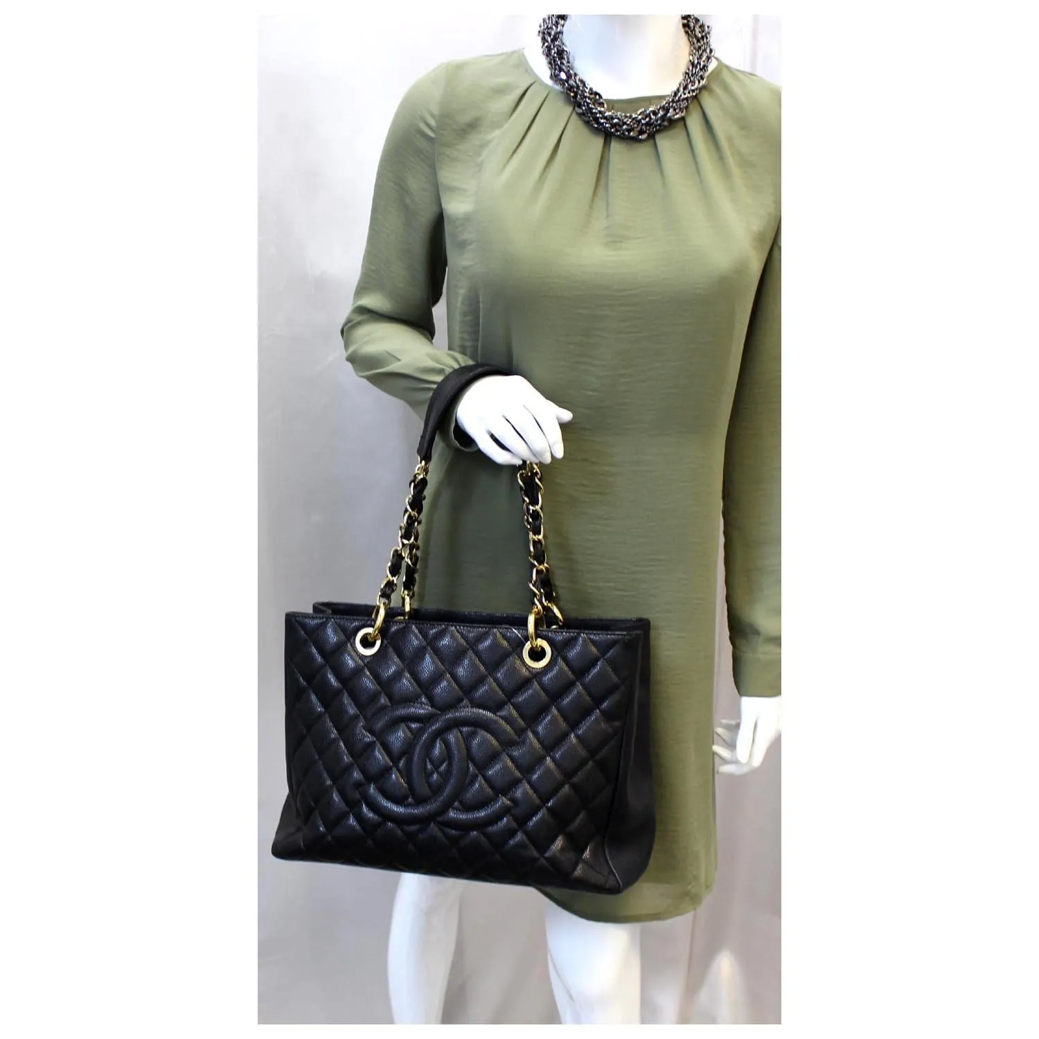 CHANEL Black Caviar Leather Grand Shopping Tote Bag