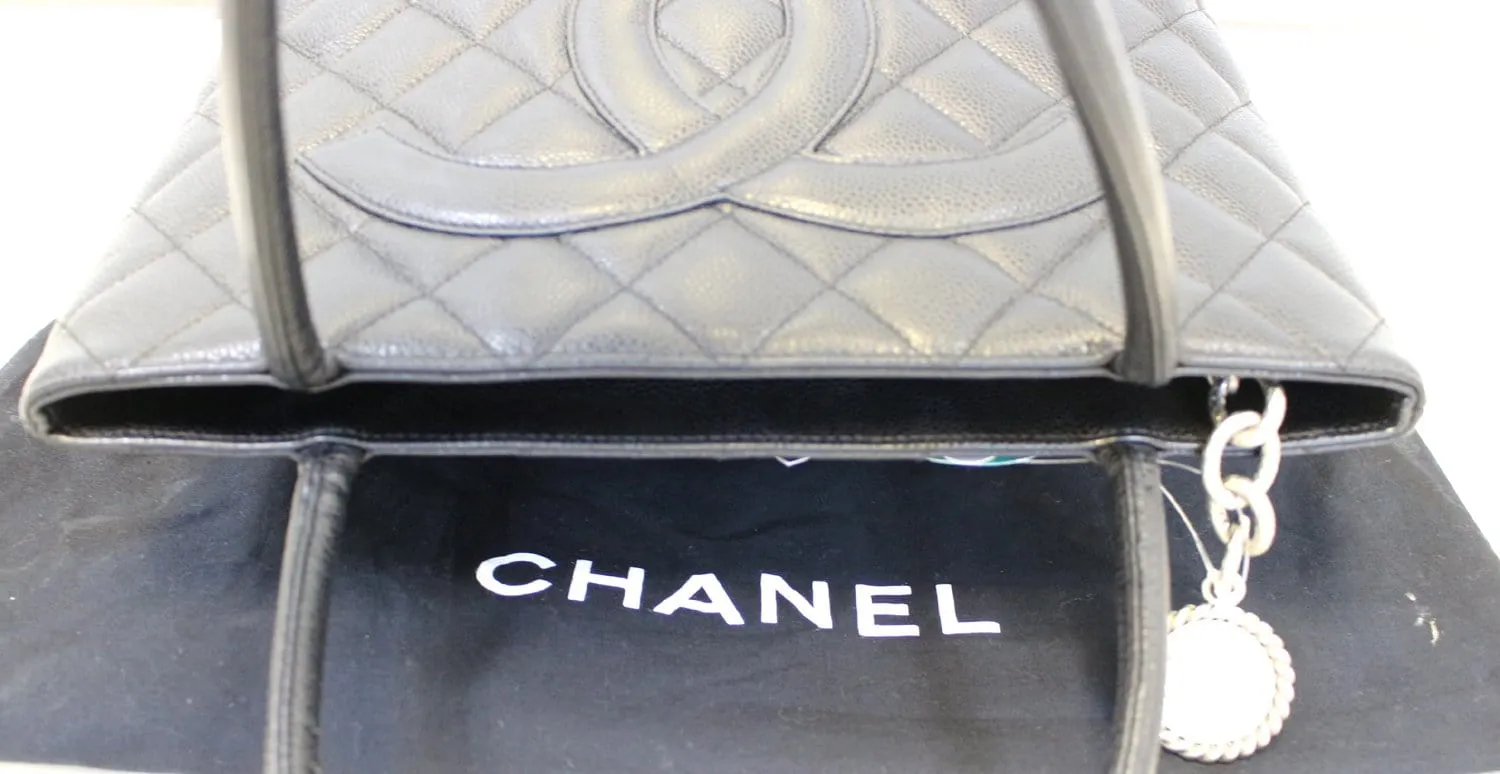 CHANEL Black Quilted Caviar Leather Medallion Tote Bag