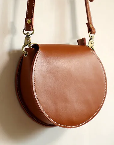 Cute Coffee LEATHER Around Side Bag Handmade WOMEN Circle Crossbody BAG Phone Purse FOR WOMEN