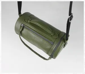 Cute Womens Dark Khaki Leather Bucket Shoulder Purse Barrel Crossbody Bag Purse for Ladies