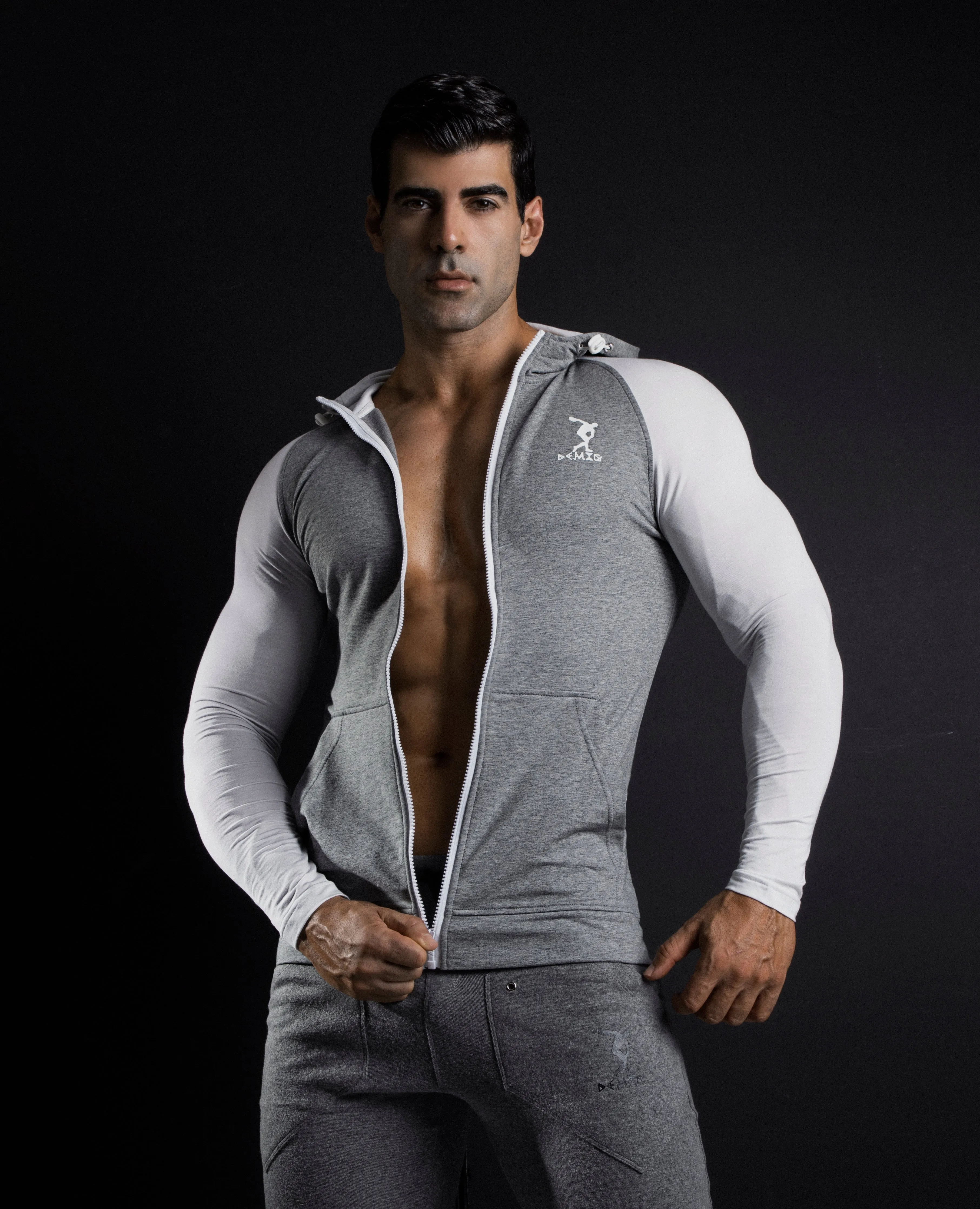 Mens Gray Zip Up Hoodie Slim Fit with Kanga Pockets Made with Organic Cotton and Microfiber