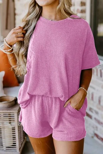Round Neck Top and Pocketed Shorts Lounge Set