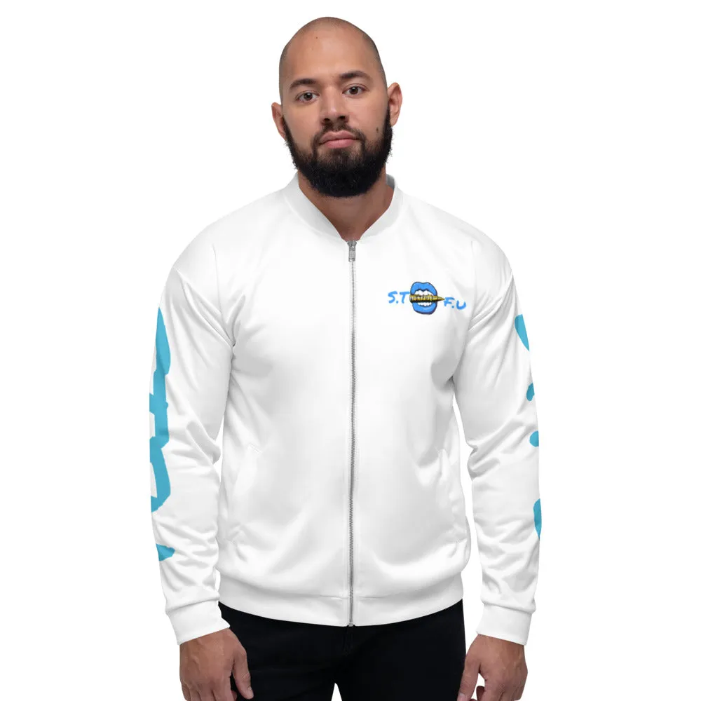 STFU Ice Blue Logo Unisex Bomber Jacket - White