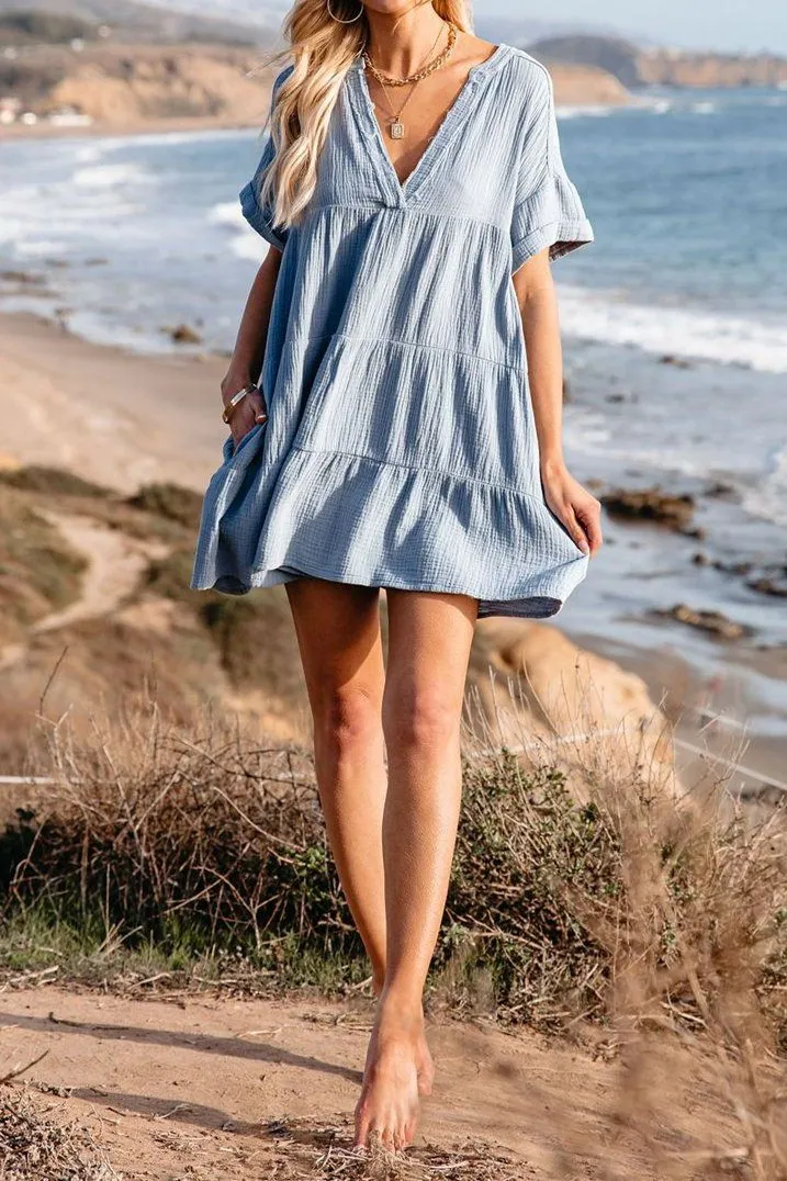 Waimea Cotton Pocketed Babydoll Dress - Light Blue