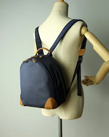 Womens Nylon Small Backpack Bag Dark Blue&Brown Best Mini Backpack Purse Nylon Rucksack for Ladies